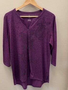 St. Johns Bay Women Blouse Size L Purple With Gold Paisley Beaded 3/4 Sleeve